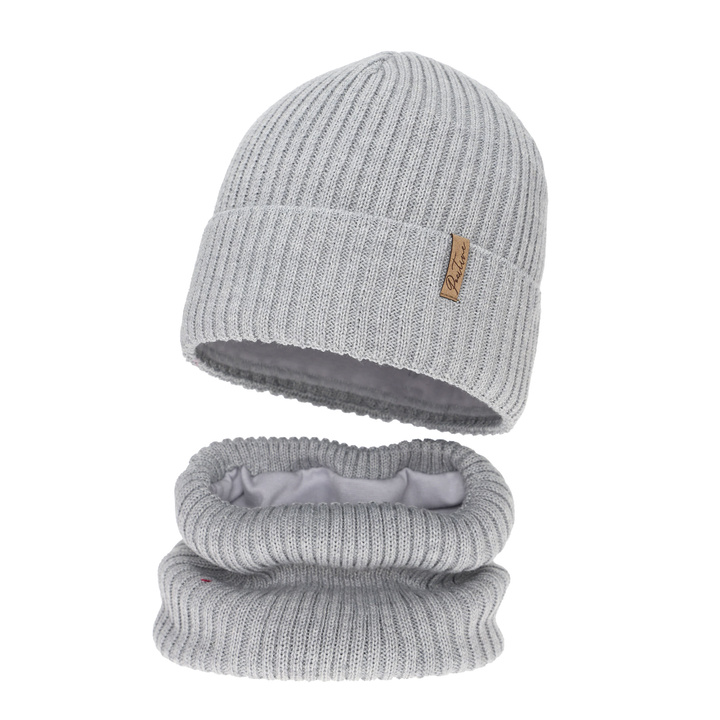 Hat and tube scarf with polar lining for girl winter set, gray, with merino wool, Odette