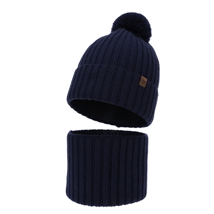 Boy's winter set: hat and tube scarf, navy, 100% merino wool, cotton lining, Tolmar