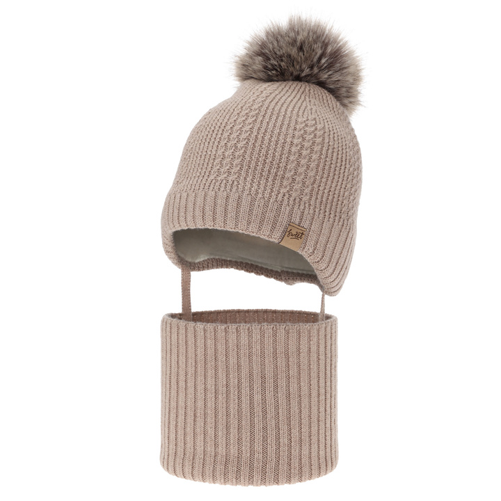Boy's hat and tube scarf, winter set, beige, 100% merino wool, lined with wool fleece, with ties Danny