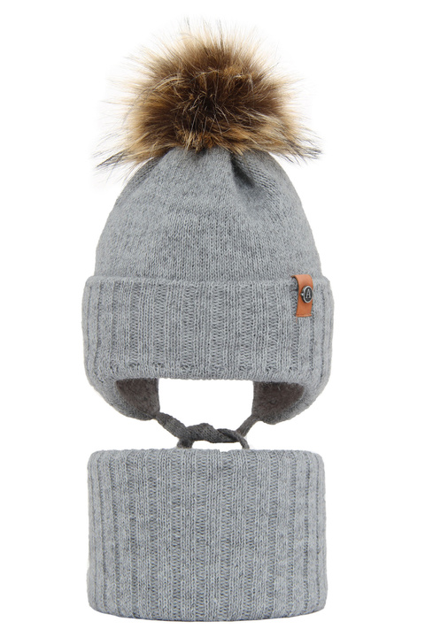 Boy's winter set: hat and tube scarf grey Dominik with pompom
