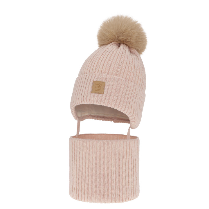 Girl's winter set: hat and tube scarf pink with pompom Betty