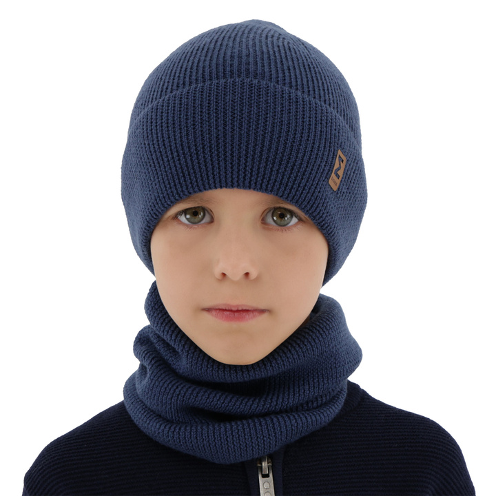 Boy's spring/ autumn set: hat and tube scarf blue 100% extra fine merino wool Bruce
