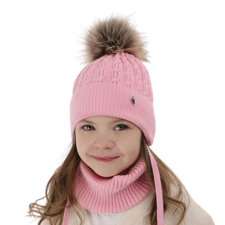 Girl's winter set: hat and tube scarf pink with pompom Tukana