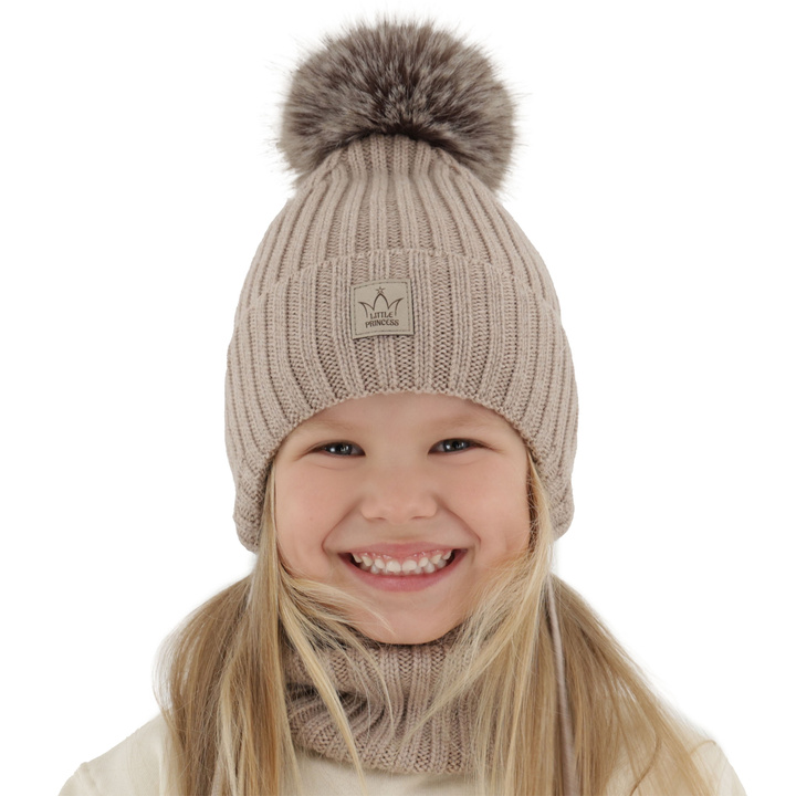 Girl's winter set: hat and tube scarf beige made of 100% extra fine merino wool, lined with wool fleece Martina