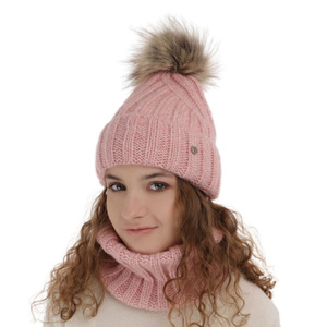 Girl's winter set: hat and tube scarf pink Polaris with pompom