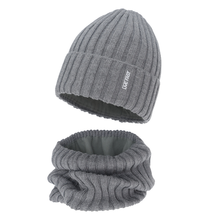 Boy's winter set: hat and tube scarf, beige, with merino wool, fleece lining, Banasko