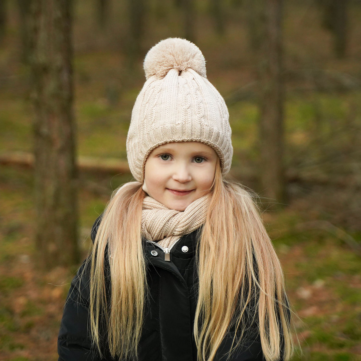 Girl's winter set: hat and scarf beige Candy with pompom
