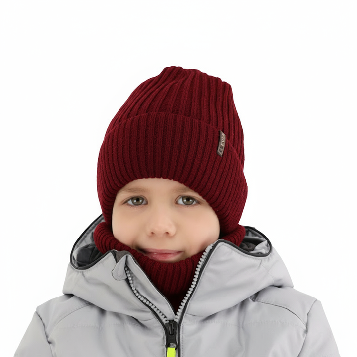 Boy's winter set: hat and tube scarf, burgund, 100% merino wool, Gizmo
