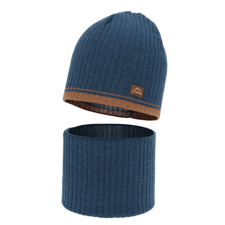 Boy's spring, autumn set: hat and tube scarf, blue, with cotton, Eirik