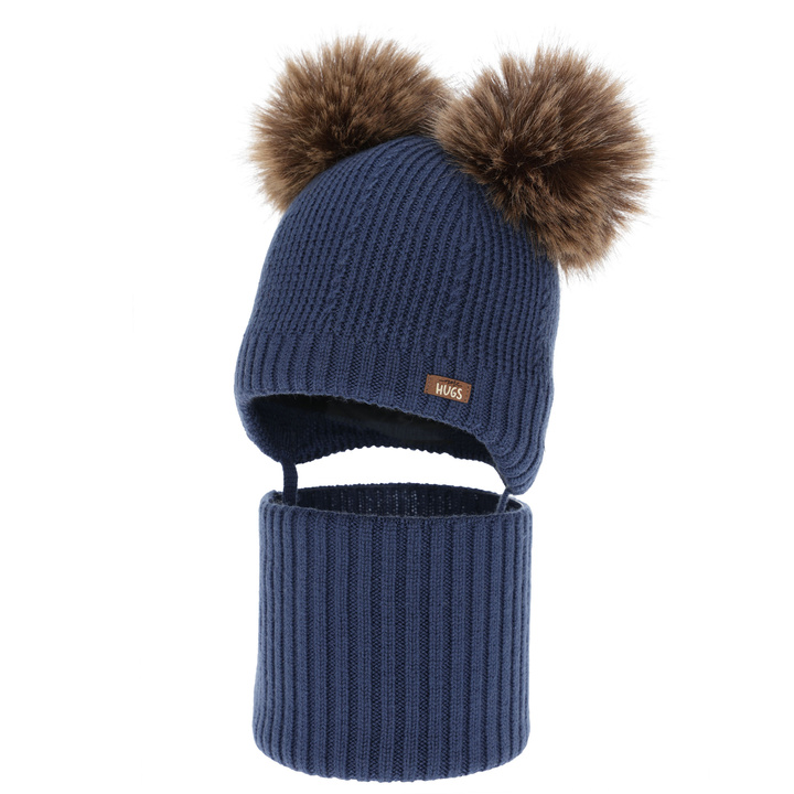 Boy's hat and snood, winter set, dark blue, 100% merino wool, lined with wool fleece, Lumio