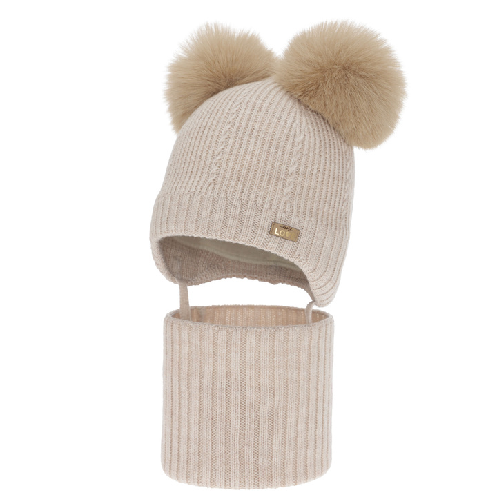 Girl's hat and tube scarf, winter set, beige, 100% merino wool, lined with wool fleece, Lumia