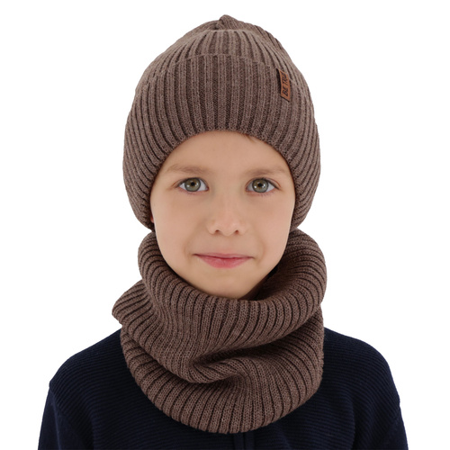 Hat and tube scarf with polar lining for boy winter set, brown, with merino wool, Colton