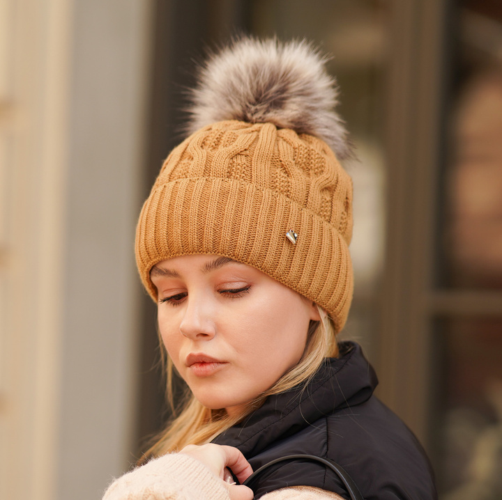 Woman's winter hat brown Laona with pompom