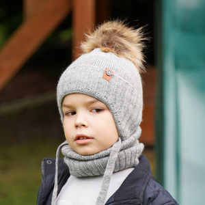 Boy's winter set: hat and tube scarf mustard Dominik with pompom