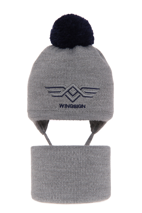 Boy's winter set: hat and tube scarf grey Wings with pompom