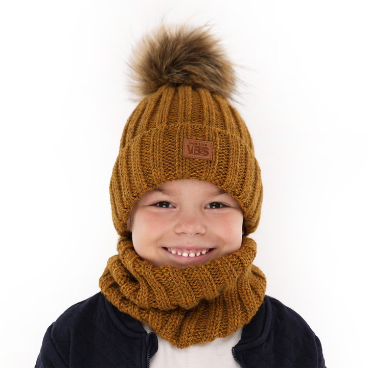 Boy's winter set: hat and tube scarf mustard Remes with pompom