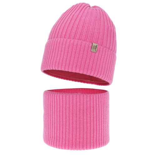 Girl's winter set: hat and tube scarf, pink, 100% merino wool, Patricia