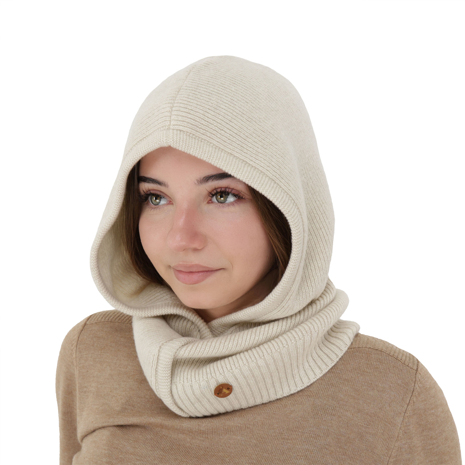 Balaclava autumn, winter, women's, beige, merino wool with cashmere, Kiruna
