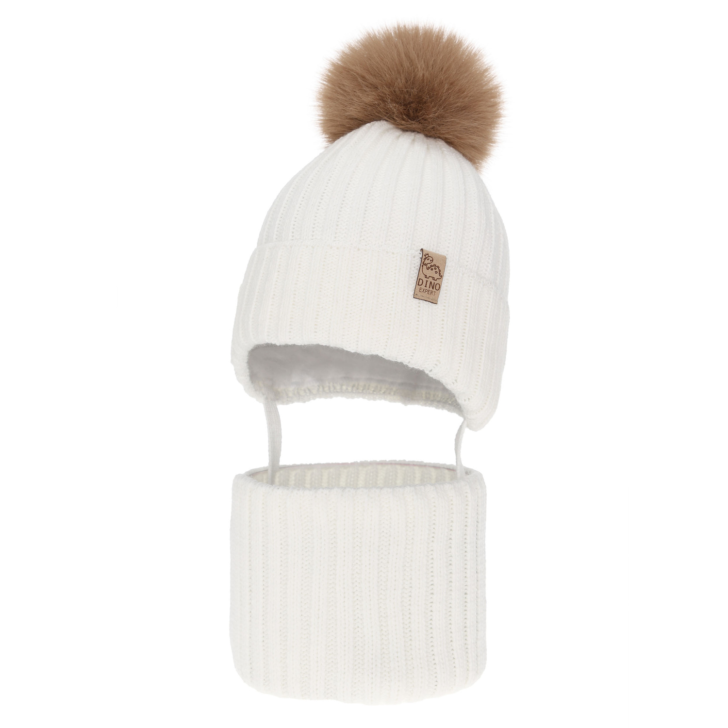 Boy's winter set: hat and tube scarf, white, with pompom, Bagil
