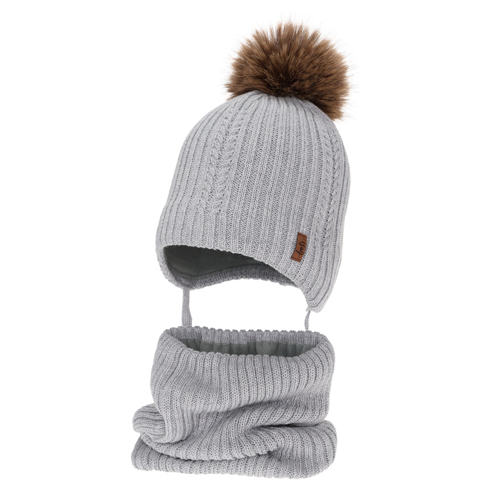 Hat and tube scarf for boy winter set, grey, with merino wool, tied Zongo