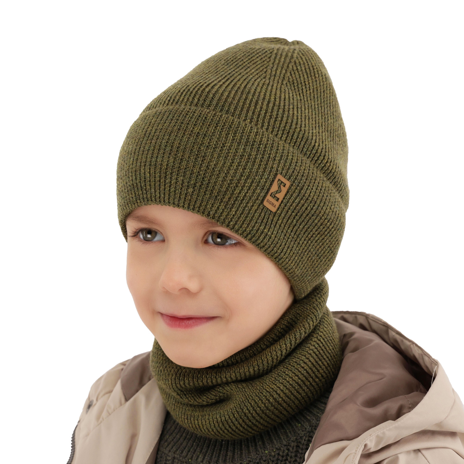 Boy's spring/ autumn set: hat and tube scarf khaki 100% extra fine merino wool Bruce
