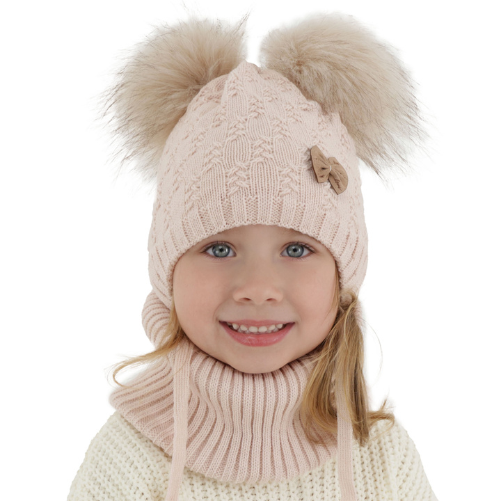 Girl's winter set: hat and tube scarf pink with two pompoms Bettina