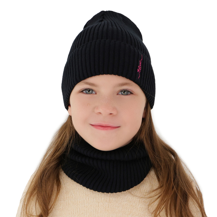 Girl's spring/autumn set: hat and tube scarf, with cotton, black, Elvara