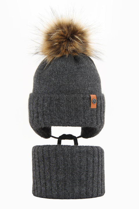 Boy's winter set: hat and tube scarf grey Dominik with pompom