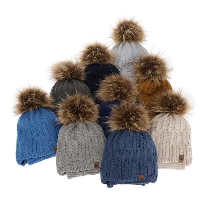Boy's winter set: hat and tube scarf beige Indigo with pompom