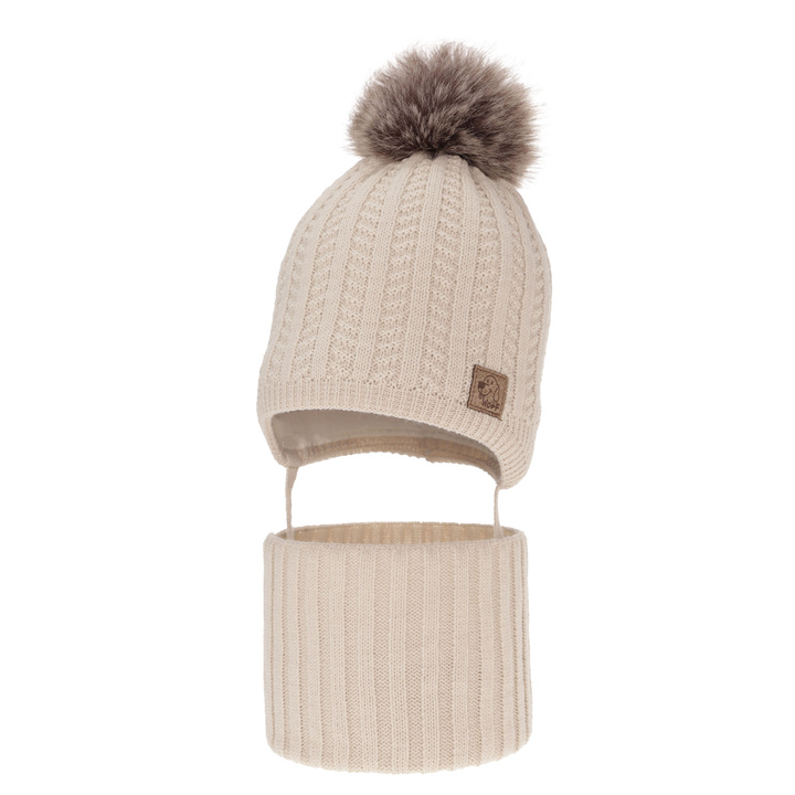 Boy's winter set: hat and tube scarf beige Endo with pompom