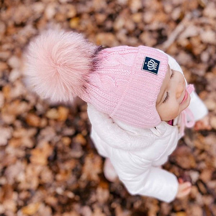 Girl's winter set: hat and tube scarf beige Tigra with pompom