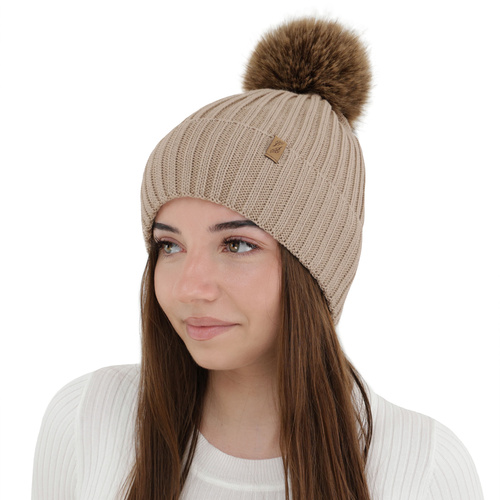 Woman's winter hat, beige, with merino wool, Zamira