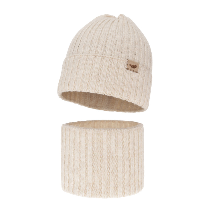 Girls winter set hat and tube scarf beige with merino wool Karmina