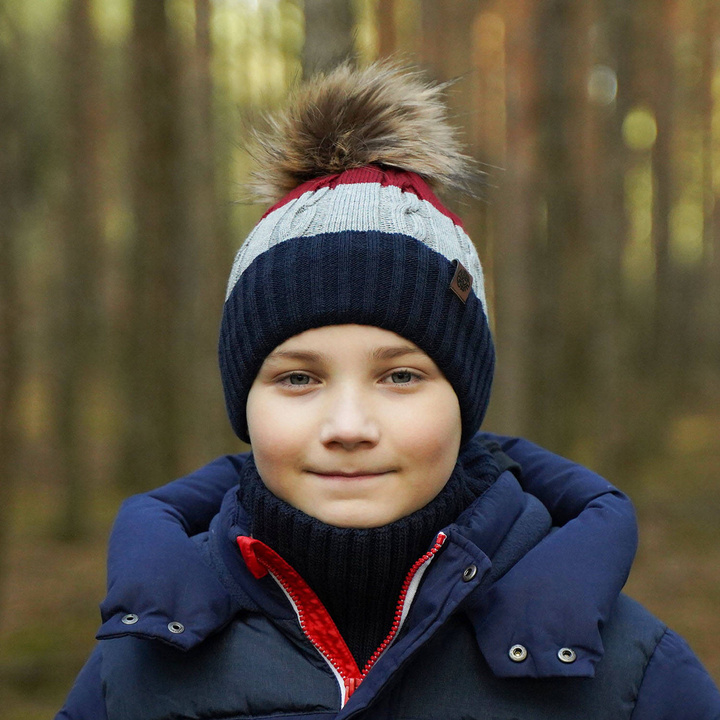 Boy's winter set: hat and tube scarf navy blue Karmel with pompom