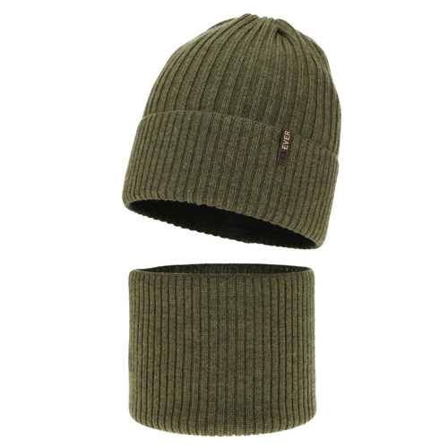 Boy's winter set: hat and tube scarf, khaki, 100% merino wool, Gizmo