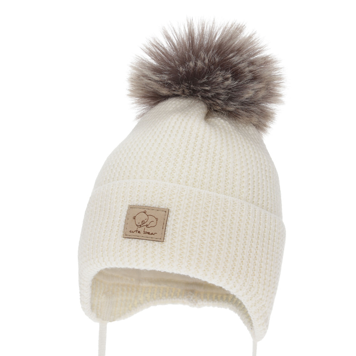 Boy's winter hat, cream, with ears, 100% merino wool, Jergen