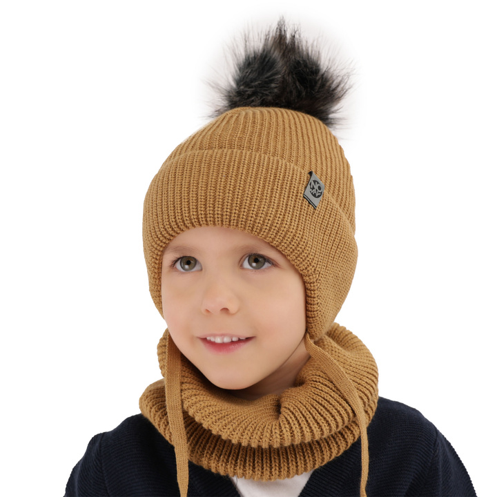 Boy's winter set: hat and tube scarf camel Honed with pompom