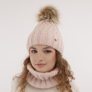 Girl's winter set: hat and tube scarf pink Polaris with pompom