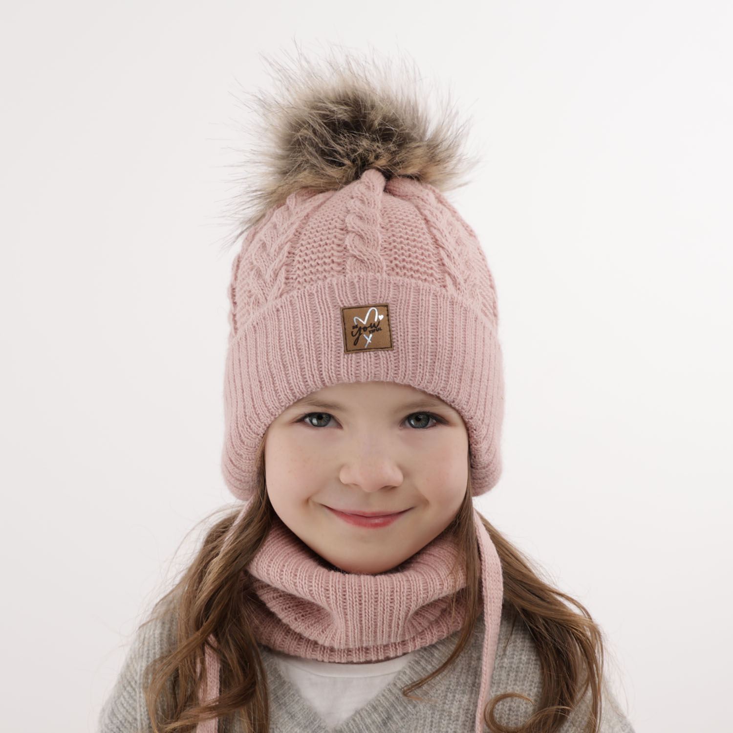 Girl's winter set: hat and tube scarf ecru with pompom Finess