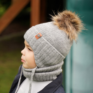 Boy's winter set: hat and tube scarf grey Dominik with pompom