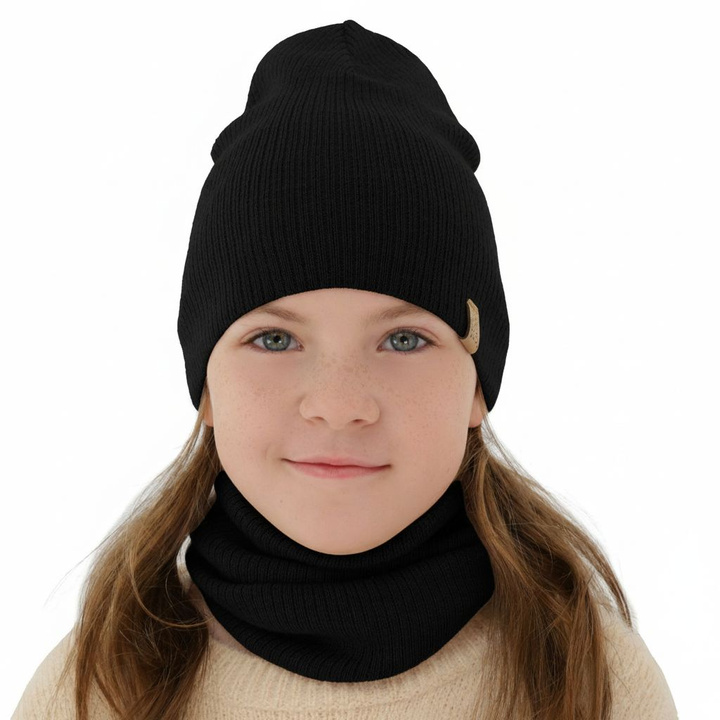 Girl spring autumn set hat and tube scarf black 100% extra fine merino wool Ricona