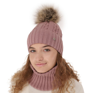 Girl's winter set: hat and tube scarf beige Felia with pompom