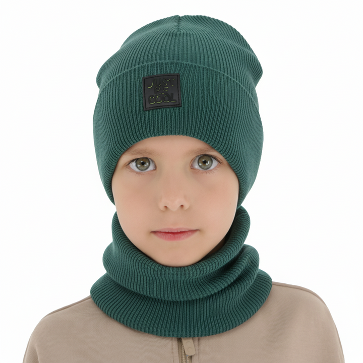 Boy's spring, autumn set: hat and tube scarf, with cotton, emerald green, Jonas