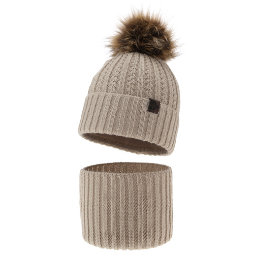 Boy's winter set: hat and tube scarf beige with pompom Lars