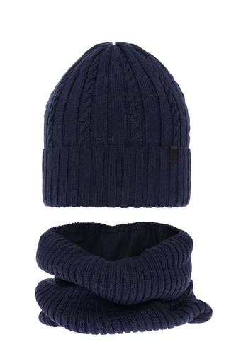 Boy's winter set: hat and tube scarf navy blue merino wool Kairo