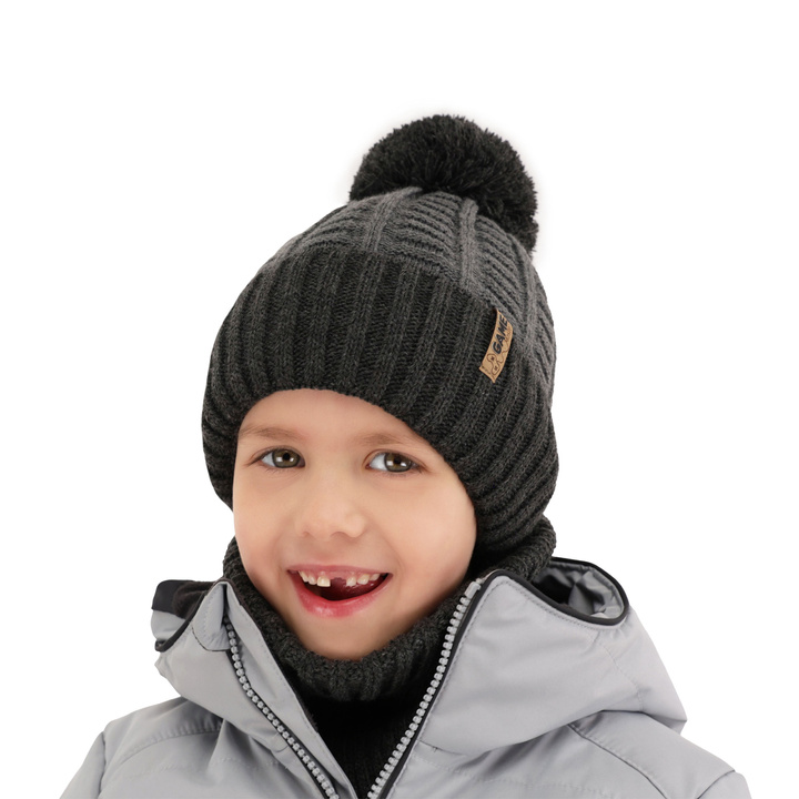 Boy's winter set: hat and tube scarf grey with pompom Leo