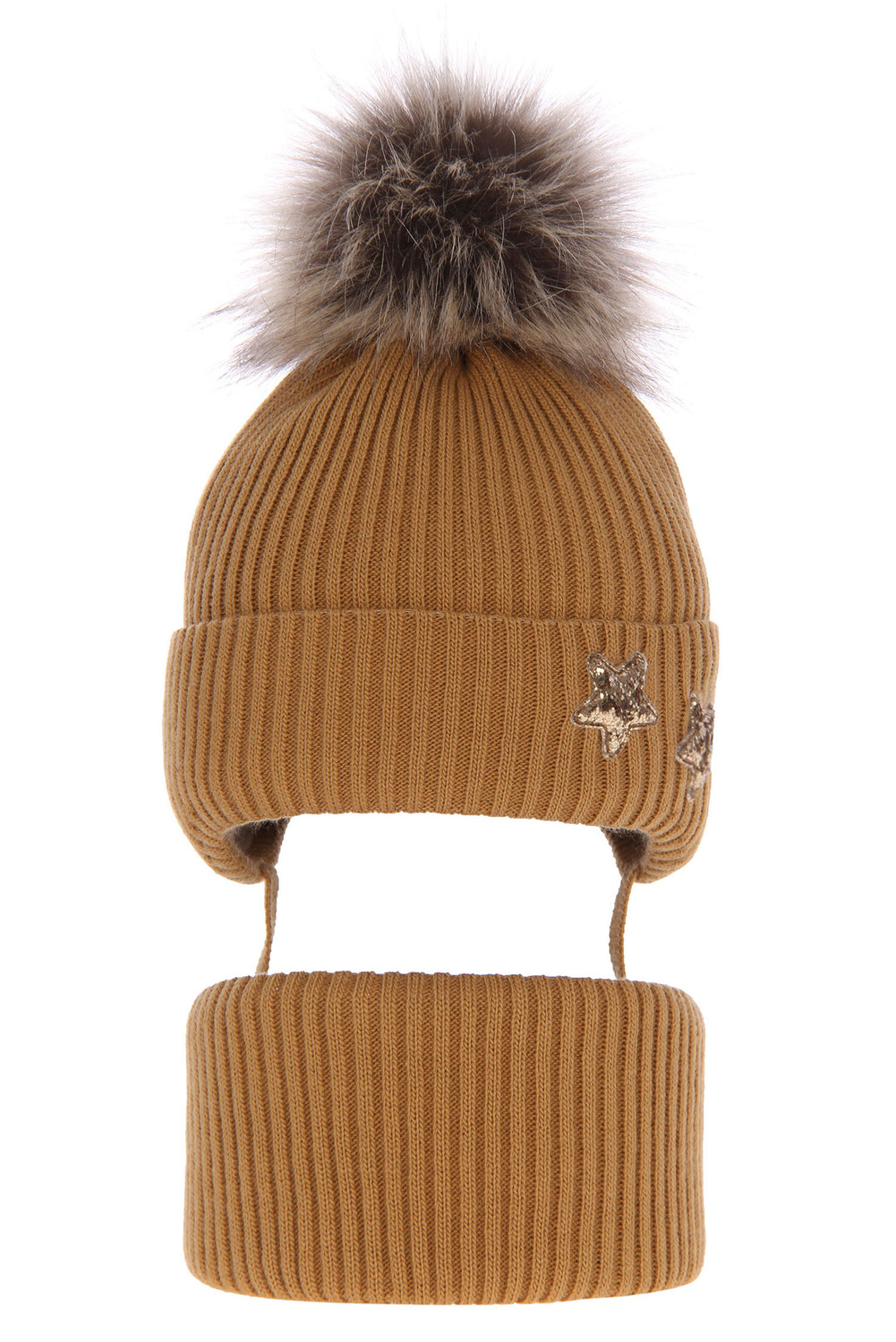 Girl's winter set: hat and tube scarf brown Delicja with pompom 