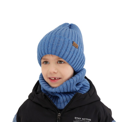 Boy's winter set: hat and tube scarf blue merino wool Karmin