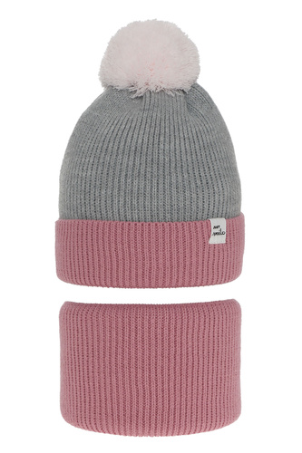 Girl's winter set: hat and tube scarf pink Rosalin with pompom