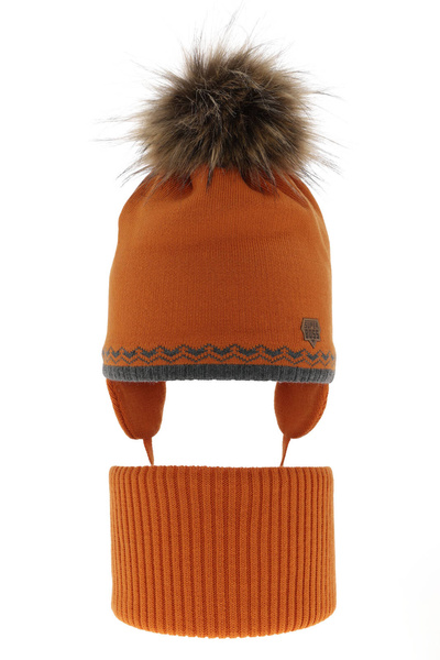 Boy's winter set: hat and tube scarf orange Elpis with pompom